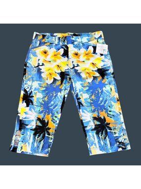 Womens XL Cropped Pull On Pants Tropical Floral Print Stretch Blue Yellow